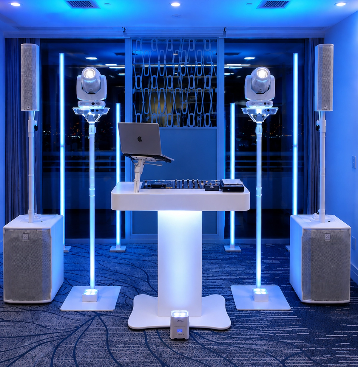 All white Wedding DJ Podium Set-up.